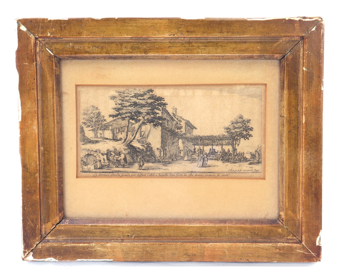 Framed The Little Trellis (La Petite Treille) Print: Jacques Callot’s "The Little Trellis" presents a serene landscape. Tranquil countryside setting, where a charming house, adorned with a verdant trellis, anchors a scene bustling with figures
