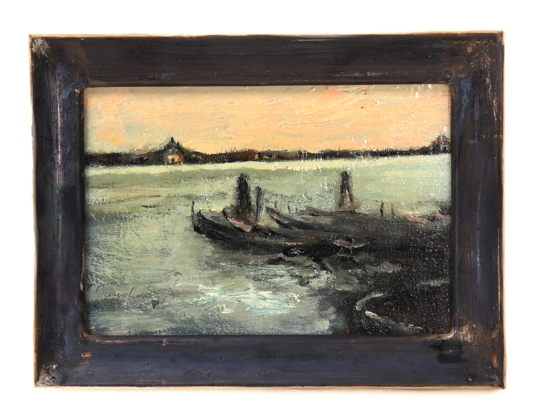 Lovely Early Oil Landscape Painting: Beautiful landscape scene at sunset with boats moored along the dock, sun setting in the background, with houses and buildings in the background. Signed by the artist bottom left. Size 8 3/4" L x 6 1/