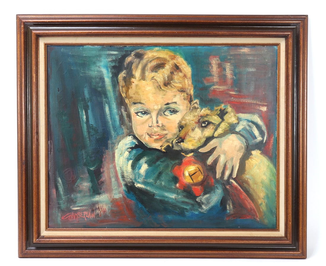 Lovely Hand Painted Oil on Canvas, Chamberlain '74: Adorable original hand painted oil on canvas of a young child embracing their puppy. Light blue and teal background with red highlights throughout this abstract painting. Signed and dated to the front