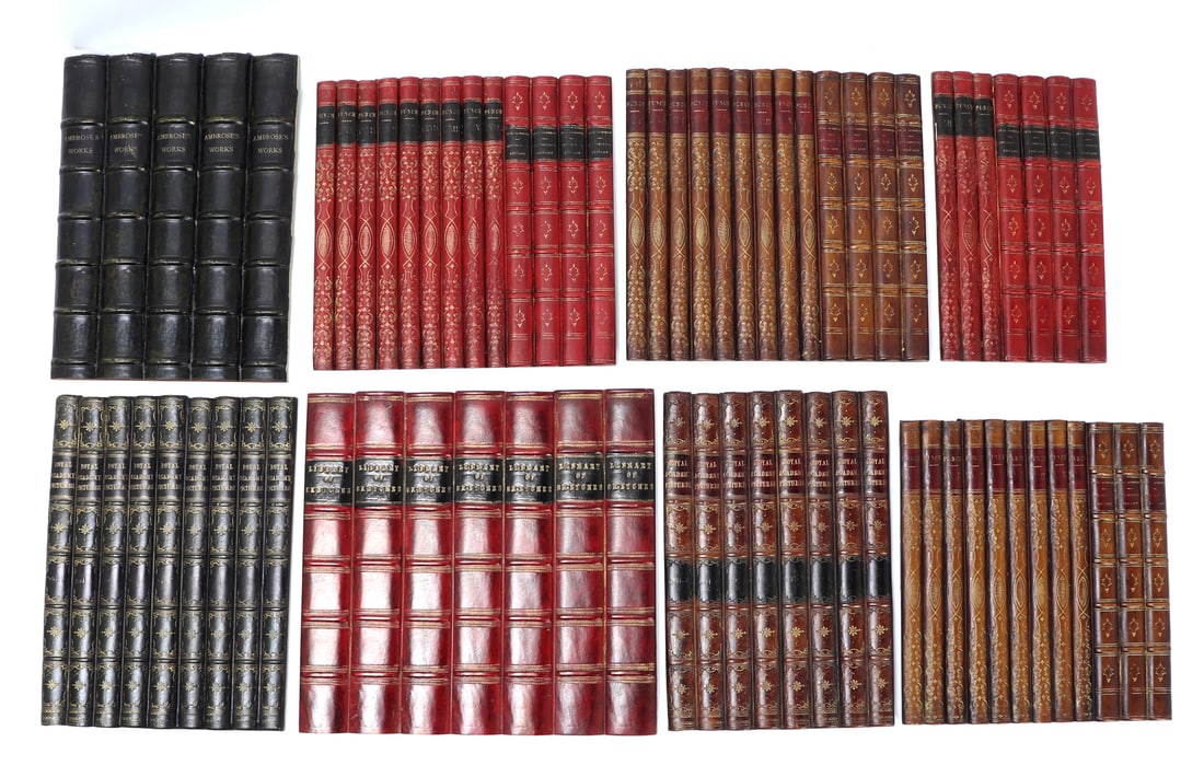 Faux Painted Book Spines (8): Collection of eight Faux Leather book Spines hand painted in wood with various titles. Ambrose's Works, Library of Sketches, Royal Academy of Pictures, Punch XXVX, Size 12 1/8" L