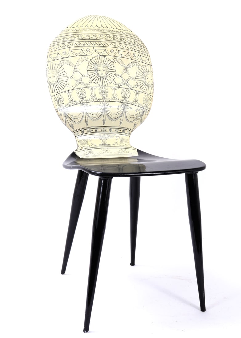 Beautiful Piero Fornasetti, 'Mongolfiera' Chair: Milano, Italy circa 1989. Wonderfully hand crafted Italian chair, metal legs with black lacquer legs and base. Lithographic transfer-printed wood backing in a cream white. Mongolfiera is the Italian