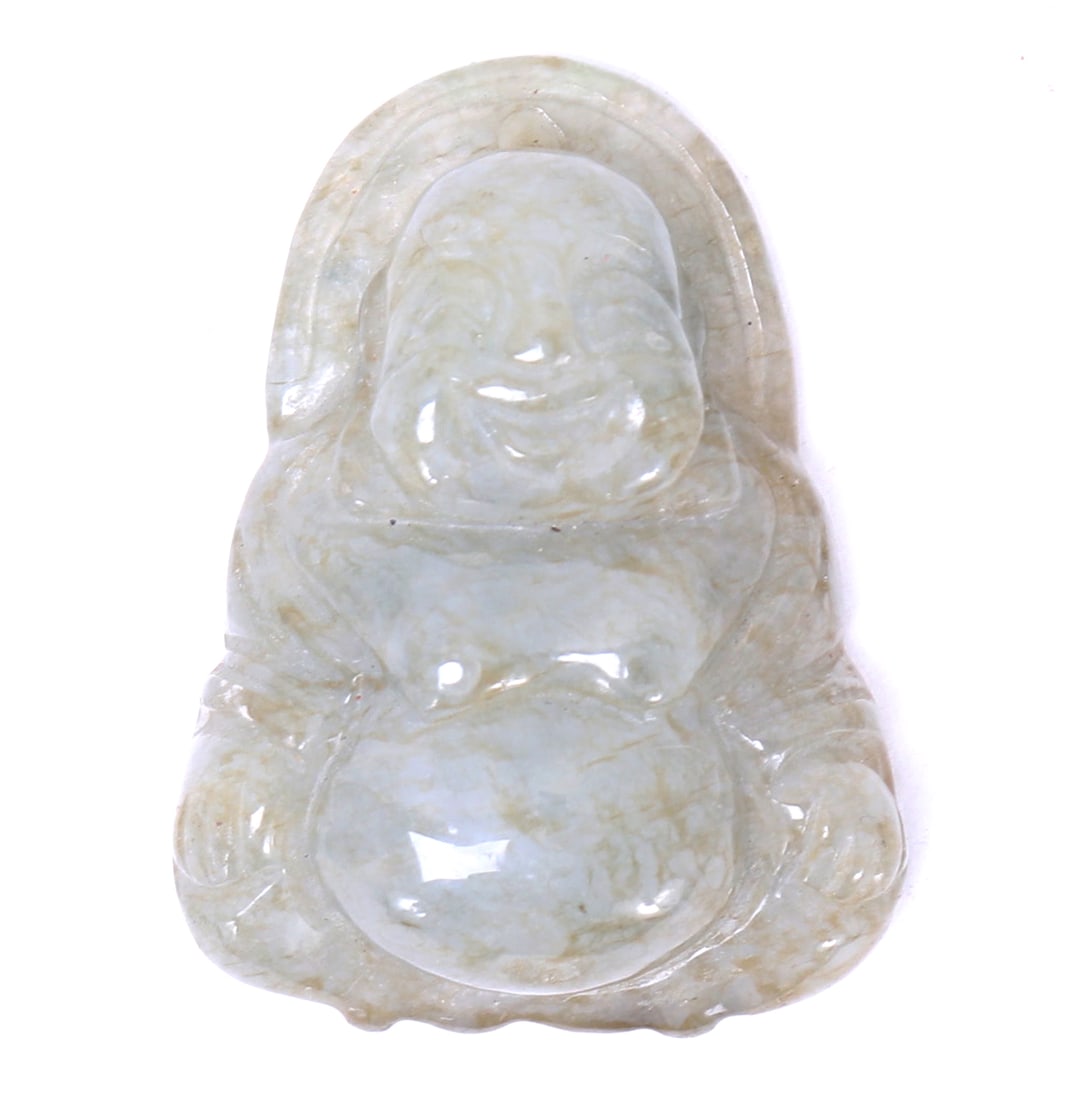 Chinese White Jade Style Buddha Plaque: Chinese white stone buddha plaque depicting a happy plump buddha smiling with a lotus lead background. Size 1 1/2" H x 1 1/8" W, 20 grams