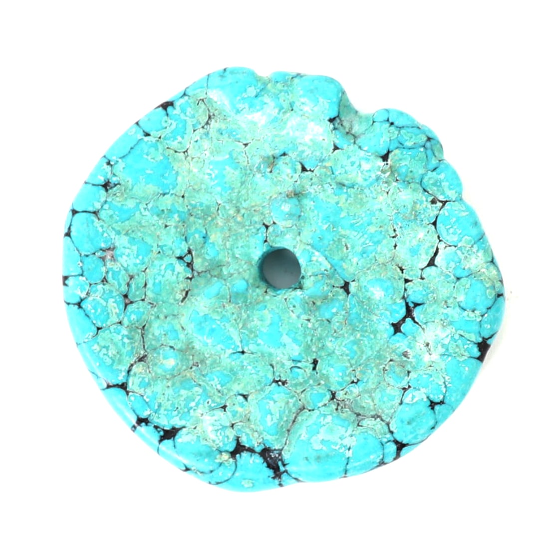 Gorgeous Natural Raw Turquoise Disc Pendant, 31 grams: Wonderful turquoise disc pendant with incredible natural crackle throughout. Drilled to the center for easy suspension. Size 2" W, 31 grams
