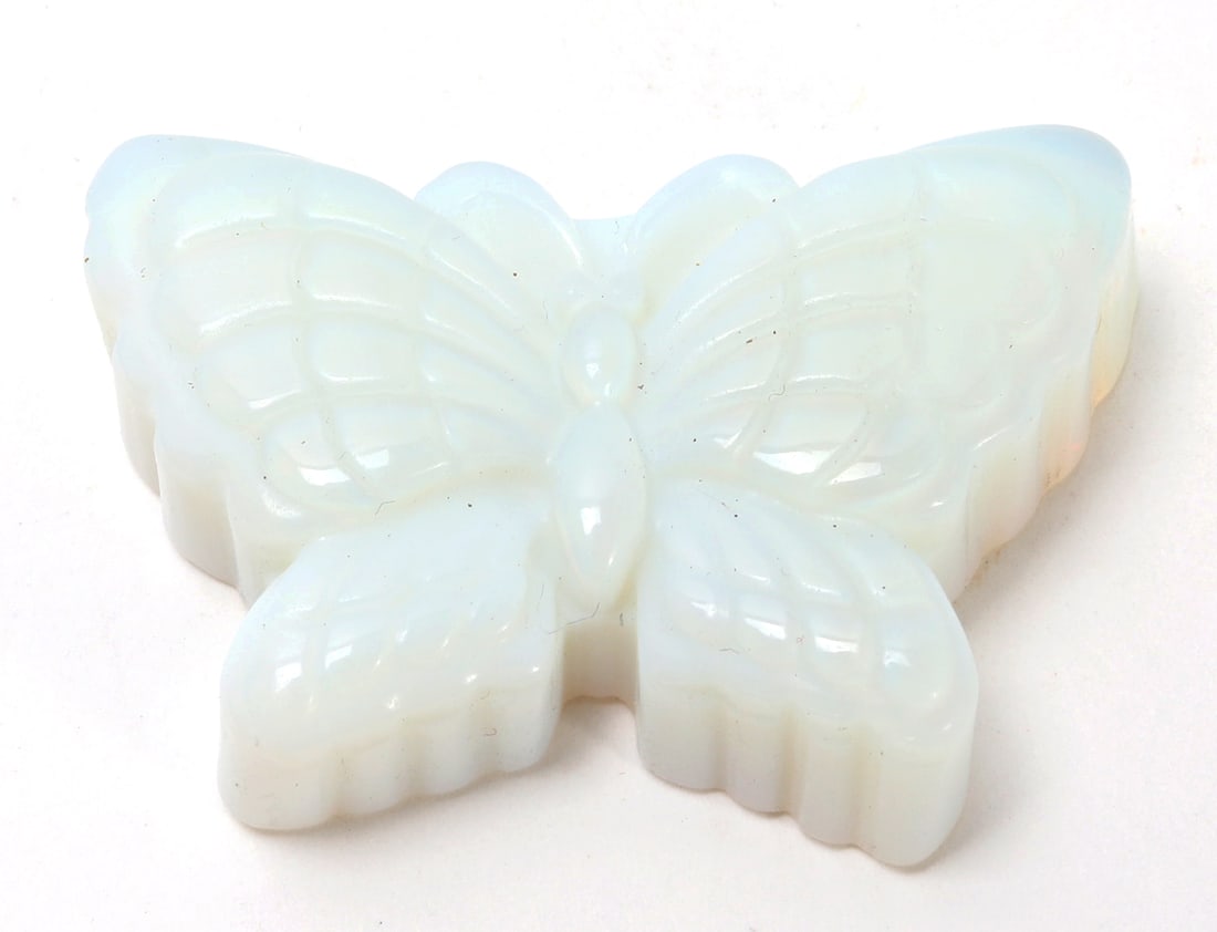 Lovely Opaline Mineral Specimen, Butterfly: Beautiful opaline mineral specimen in the shape of an adorable butterfly with incredible iridescence throughout. Size 2" W x 1/4" H