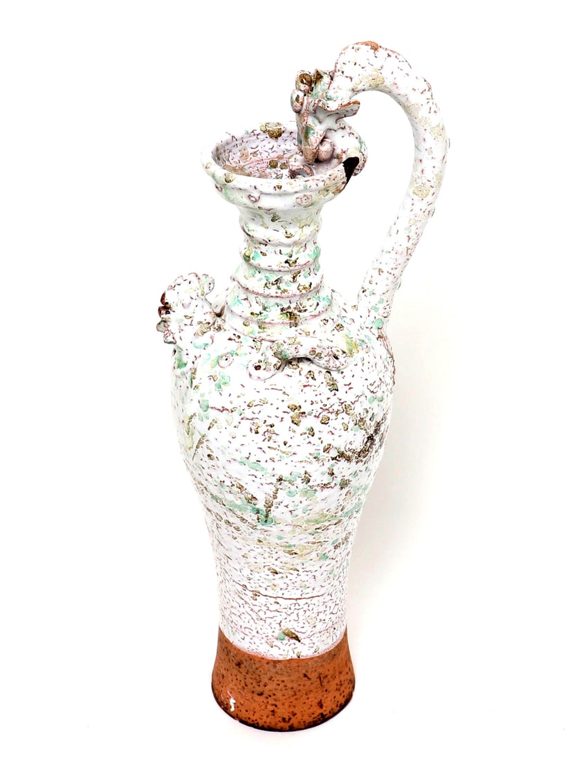 Chinese Rooster Vase, Song Dynasty Style: Chinese Song Dynasty style vase in the Dingyao style. Large rooster vase with an exposed foot and bird finial / handle. Size 16 1/2" H x 6 1/4" W green boxEx-Pasadena, California Collection