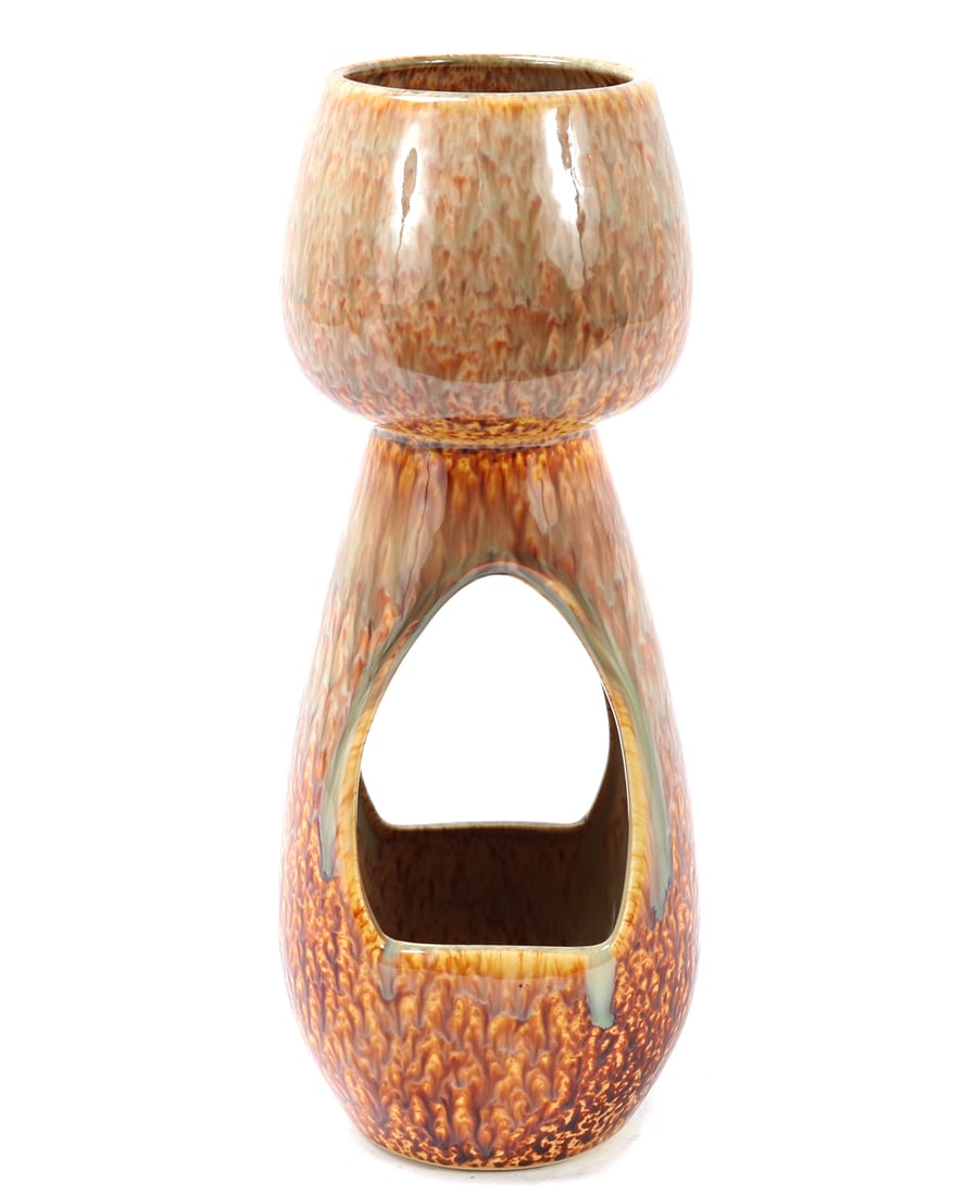 Porcelain Bi-Level Vase: Beautiful flambe or peach bloom Chinese porcelain vase with dual levels. Orange, red and yellow coloring throughout. Unique in shape this piece would be great for succulents. Size 13 1/4" H, weight 2