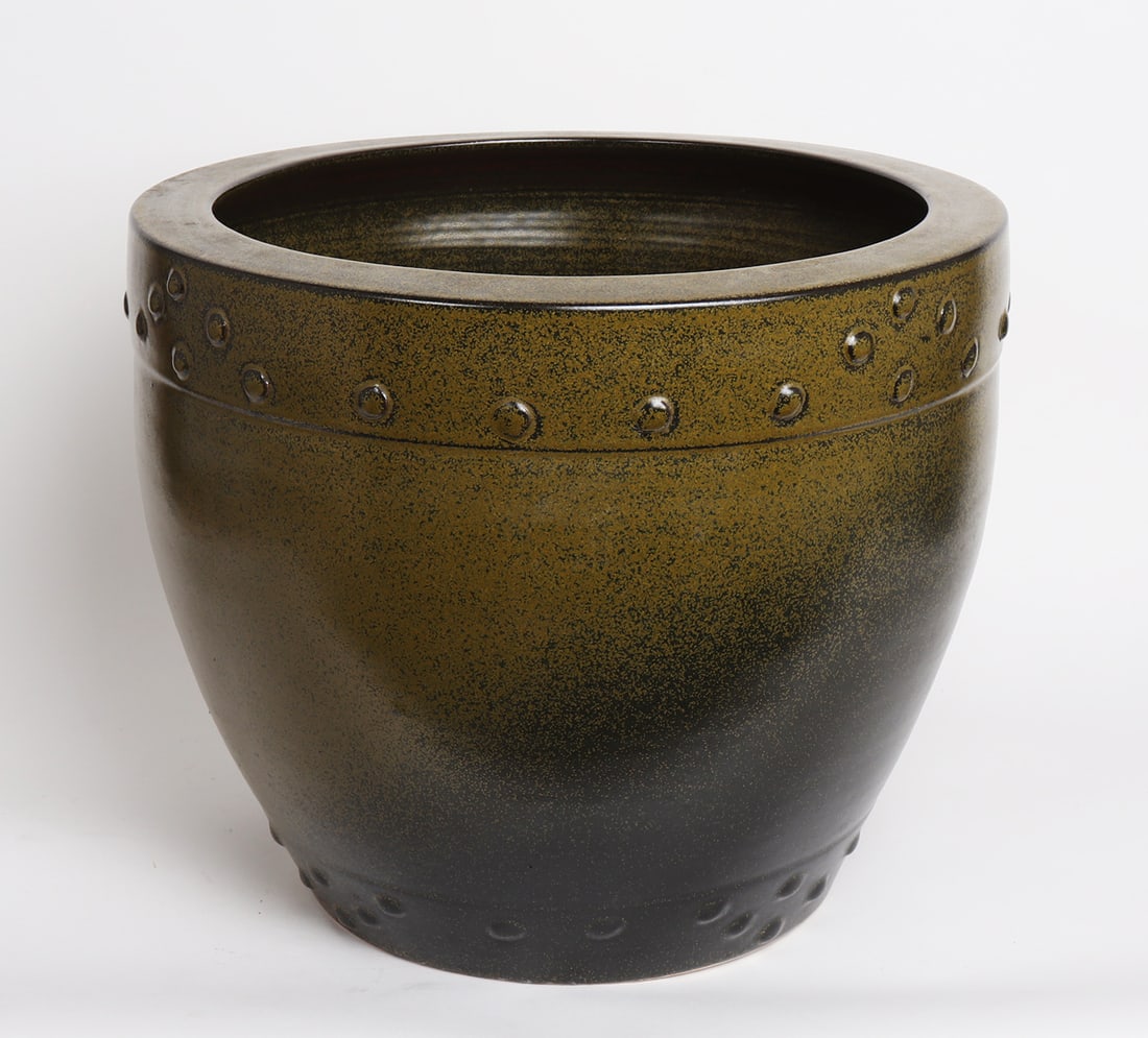 Large Chinese Decorative Jardiniere: Chinese jardiniere in dark green and black with applied dots to both upper and lower rims. Size 14" H