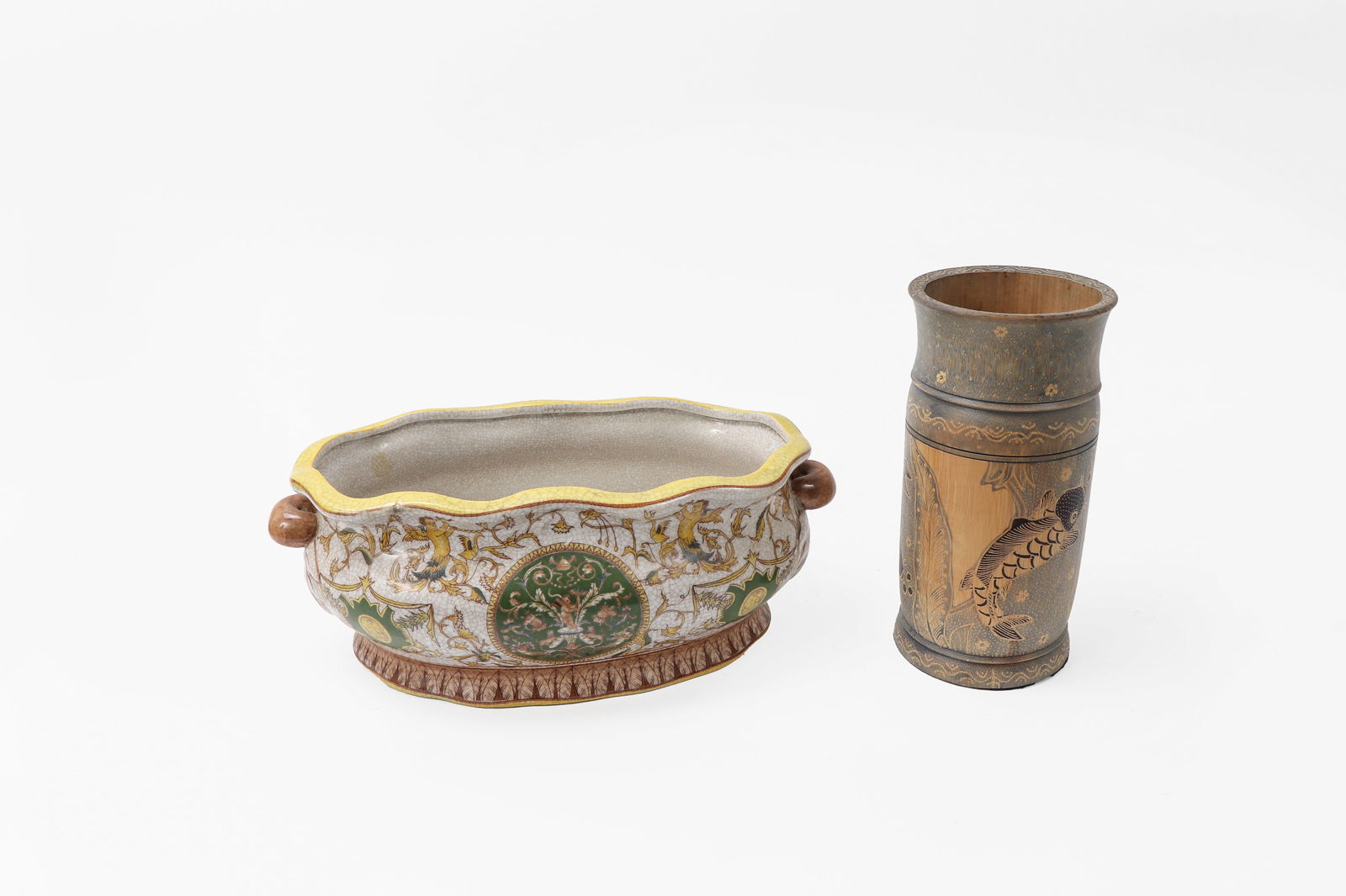 Porcelain Footed Bath and Bamboo Vase (1 of 2)