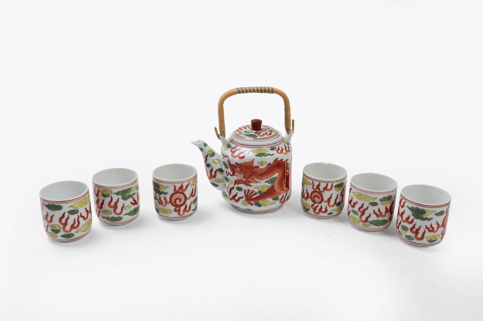 Vintage Chinese Tea Set: Tea Pot has hand crafted bamboo handle and 6 matching tea cups 7pcs 5" tallest 6" widest