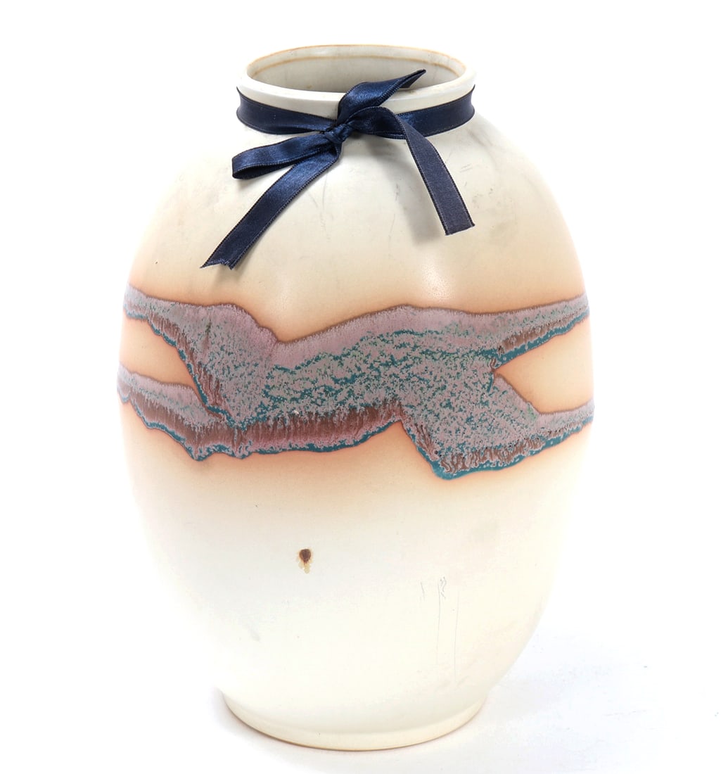 Chinese Sand Colored Glazed Porcelain Vase: Beautiful Chinese sand colored matte glazed porcelain vase, banded in the middle with natural earthen tones through ought. Blue, green, red and brown coloring throughout the middle. Size 8 7/8" H,
