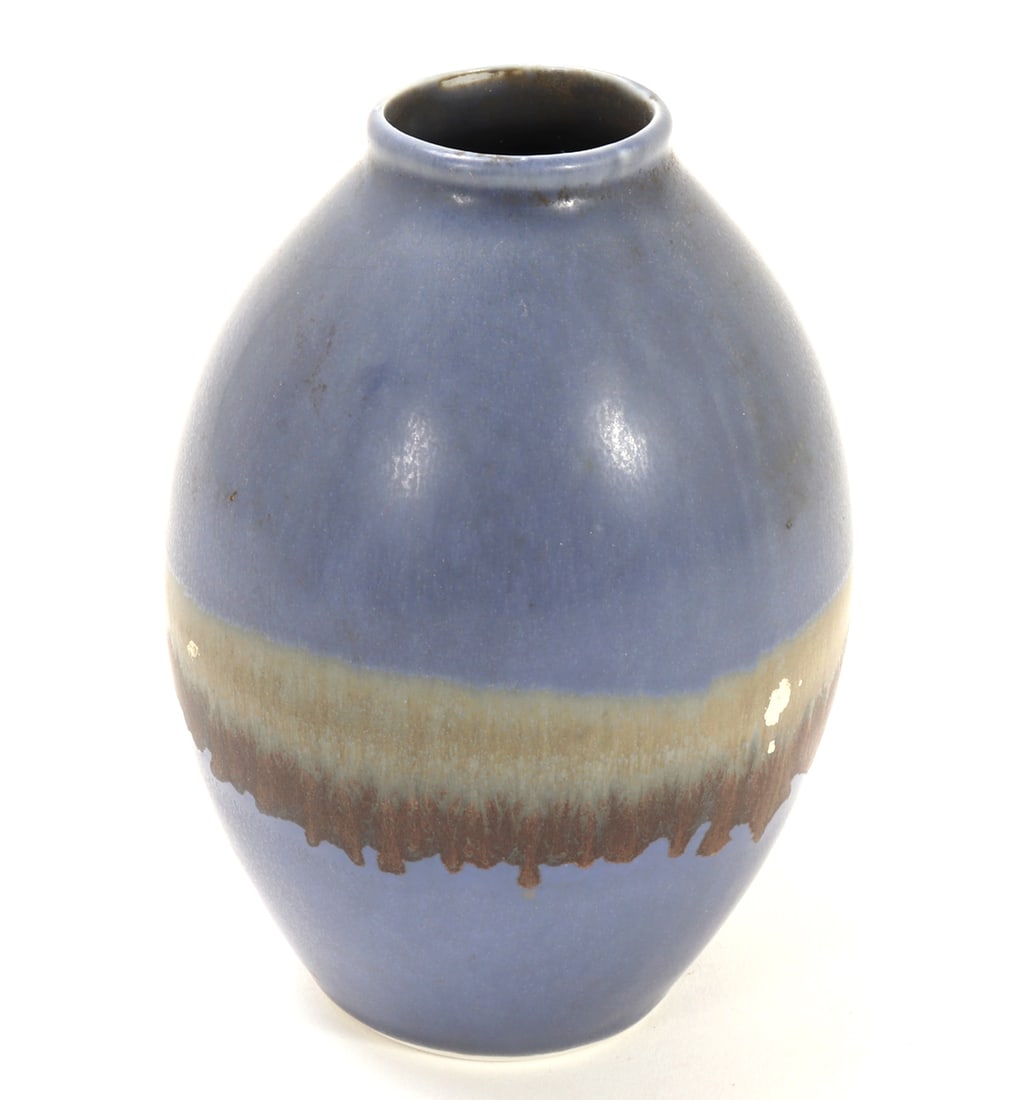 Chinese Drip Glazed Olive Shaped Vase: Lovely slate blue Chinese drip glazed vase in an olive shape with a short rolled rim. Brown underglaze, dipped in green and then dipped again in a light blue, creating a tri-color glaze as shown.