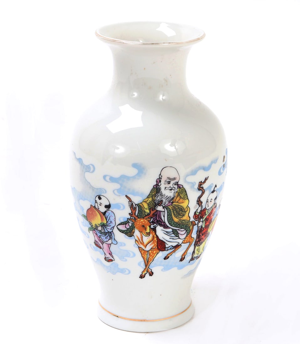 Chinese Porcelain Shouxing Vase: Lovely Chinese blanc de chine glazed vase. Painted to the body is Shouxing depicted riding on a stag, his helpers surround him carrying his staff and peaches. Single gold band to around the foot of