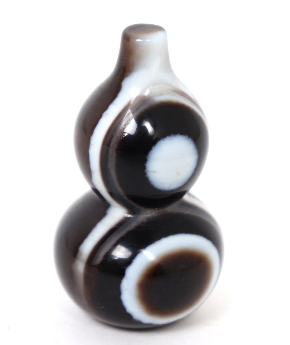 Gorgeous Hardstone Chinese Guard Miniature: Miniature multicolored Chinese hardstone double gourd shaped miniature. Likely used as a decorative piece or paperweight. Very similar to a dzi bead. Size 3/4" H