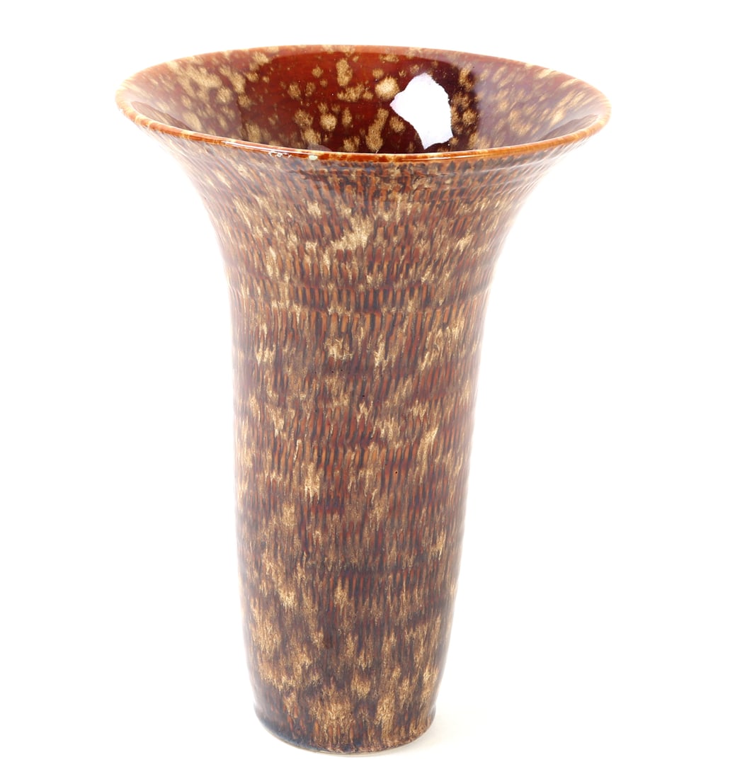 Flambe Glazed Porcelain Vase: Uniquely shaped flambe porcelain glazed vase. Shallow top pot portion great for a cascading succulent. Size 10 3/8" H, weight 2.9 lb.