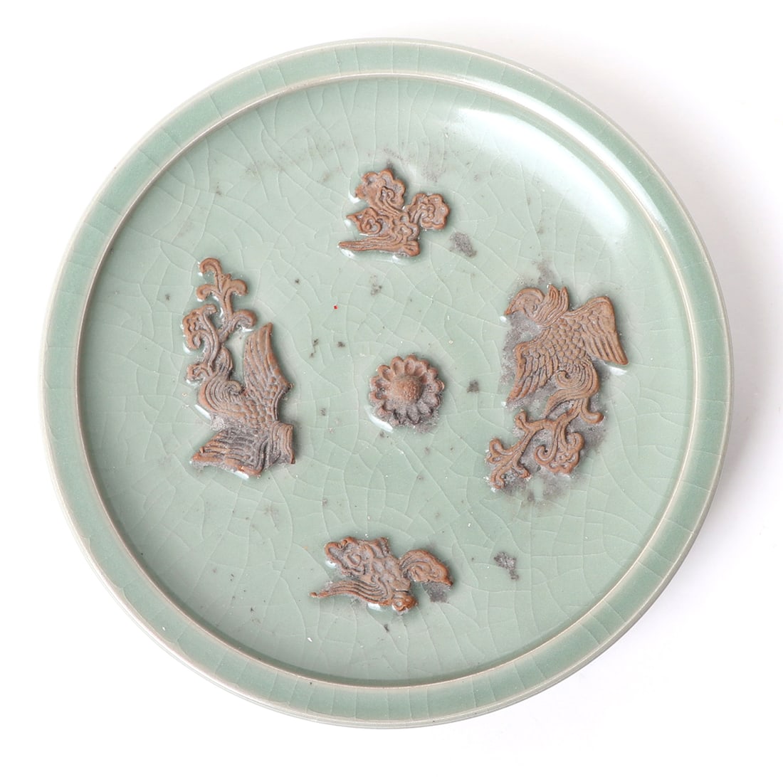 Lovely Chinese Celadon Glazed Brush Washer: Beautiful Chinese celadon glazed porcelain brush washing dish, with applied phoenix birds in flight among swirled clouds, and a center flower applique. Size 7" W x 1 1/4" H