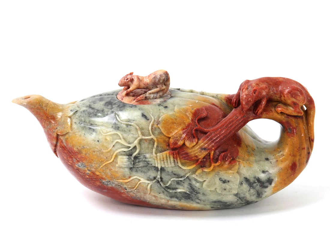 Chinese Soapstone Miniature Teapot, Rats: Lovely Chinese soapstone miniature teapot with rats on the lid and the handle, carved in high relief with flowers and branches. Size 7 7/8" L, Weight 2.2 lb.