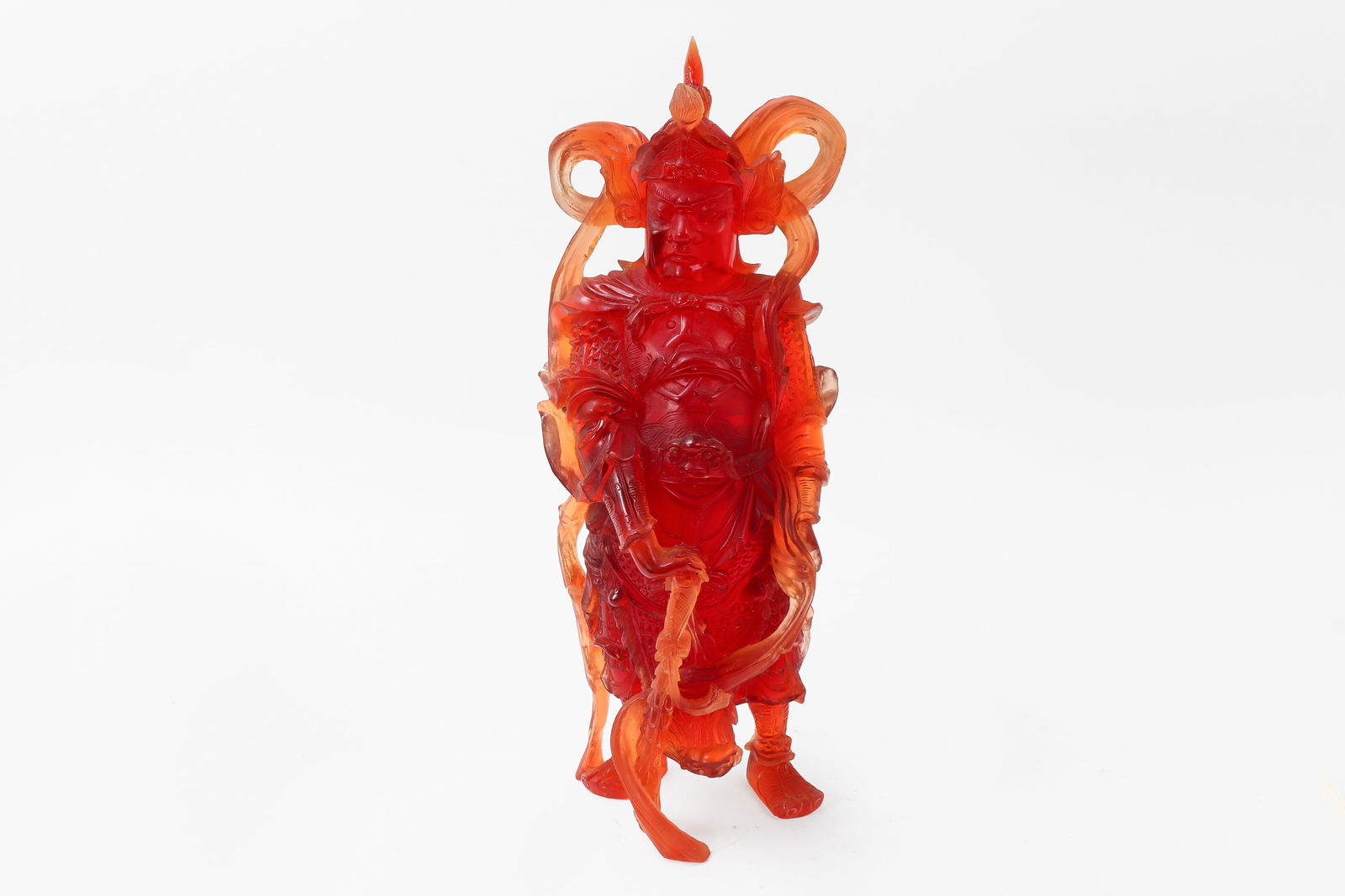Large Vintage Chinese Cherry Amber Immortal: Large Chinese translucent figure cast from so called Cherry Amber or Bakelite resin depicting an immortal warrior or diety. 18" tall 7" wide