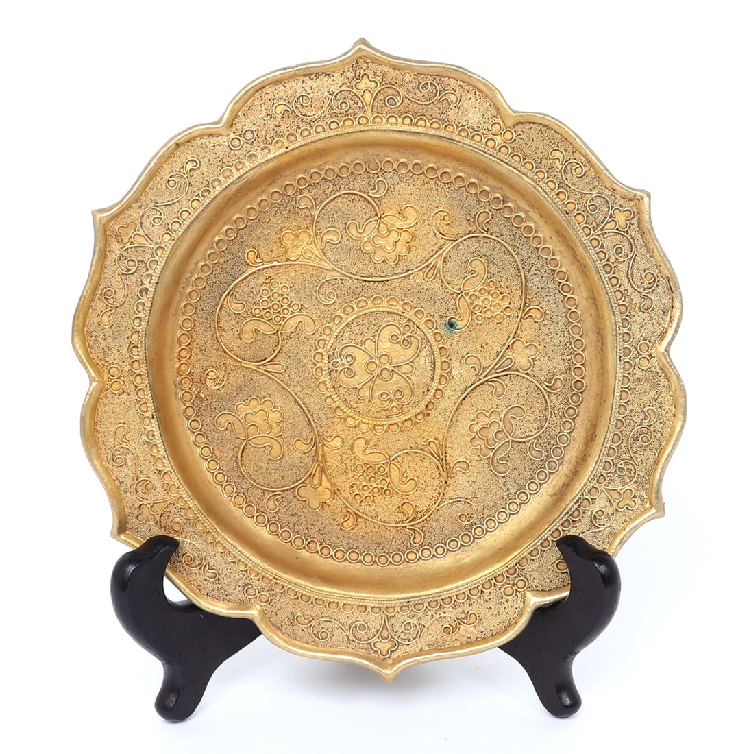 Lovely Chinese Brass Plate with Blooming Chrysanthemums: Finely detailed Chinese brass plate with detailed metal work, at the final stage of preparation before being enameled to become a bright colorful cloisonne plate. Each section of the plate is highly