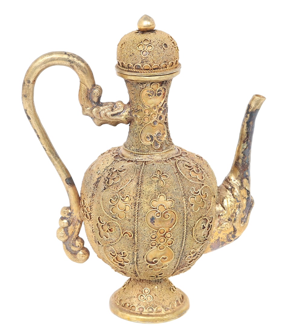 Chinese Enamel Ready Brass Ewer, Dragon Handle & Elephant Spout: Beautifully detailed brass Chinese ewer with an elephant spout, and dragon handle, body covered in fine wire detailing throughout. This piece would be covered in various colors of enamel creating a