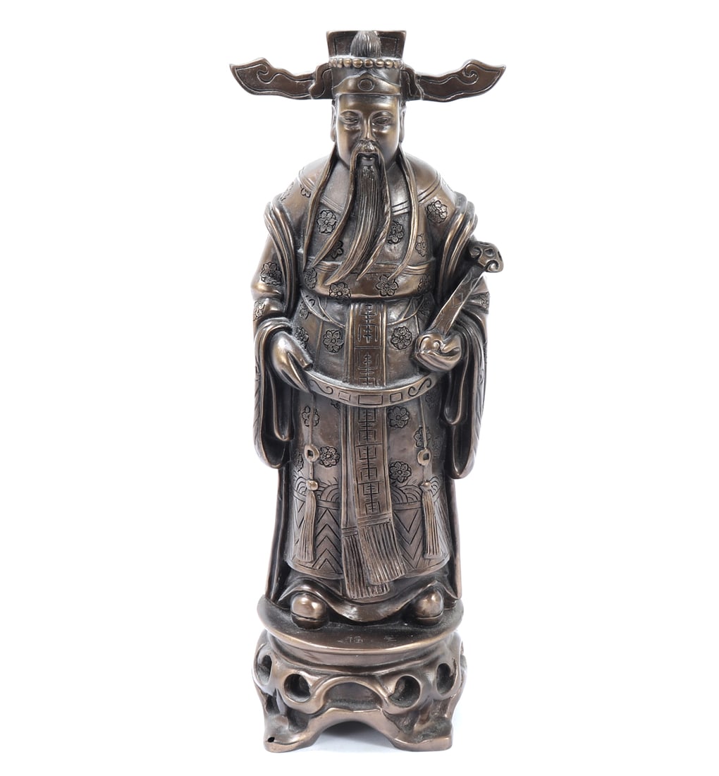 Longevity God Fu Lu Shou Immortal God Statue: Chinese cast statue of the God of longevity Fu Lu Shou. Depicted with long flowing robes, elaborate hat, and holds a ruyi scepter. Size 12" H, Weight 2 lb 3.6 oz