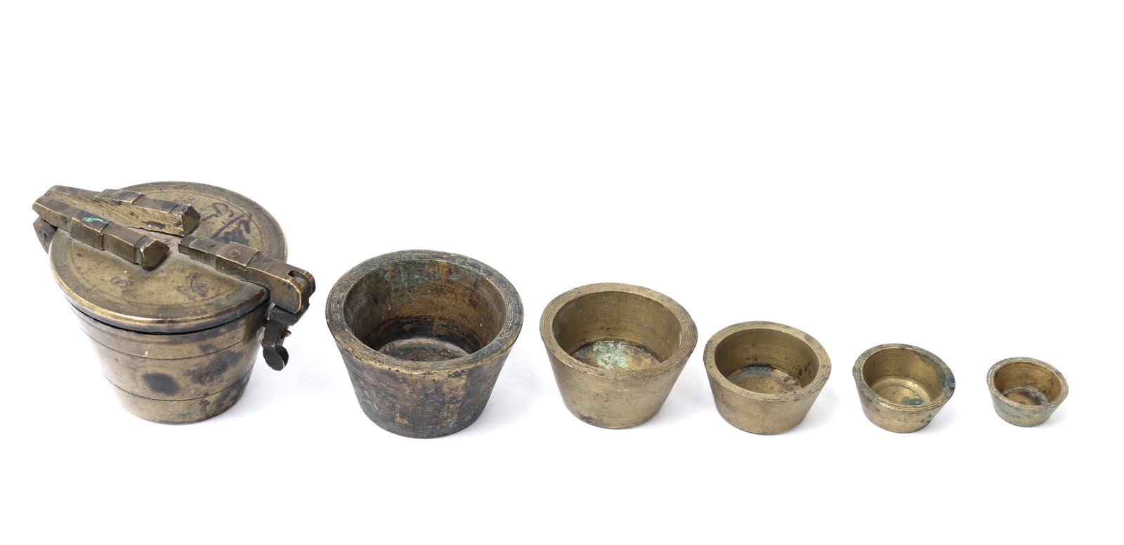 Apothecary Weight Set of Bronze Measures, 18th c.: Good European probably German apothecary bronze weight set, circa 1750. Set of six graduated cup shaped weights / measures with a two bar hinge and lid. Marked to the top ( S, 16) 1 1/2" H