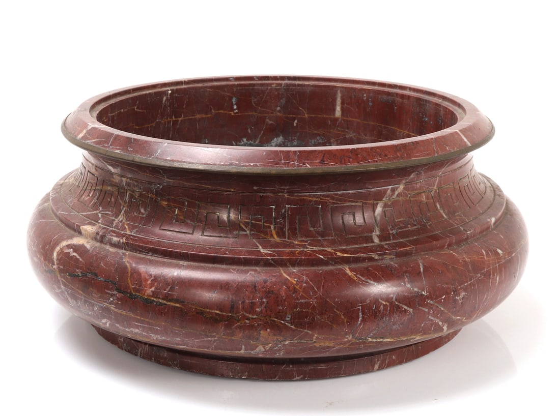 Gorgeous Large Tuscan Red Marble Basin: Wonderful heavy marble carved basin or planter in a short squat bulbous body design. Slightly corseted neck with key fret designs to the exterior Size 16" L x 16" W x 7" H, weight 45lbs