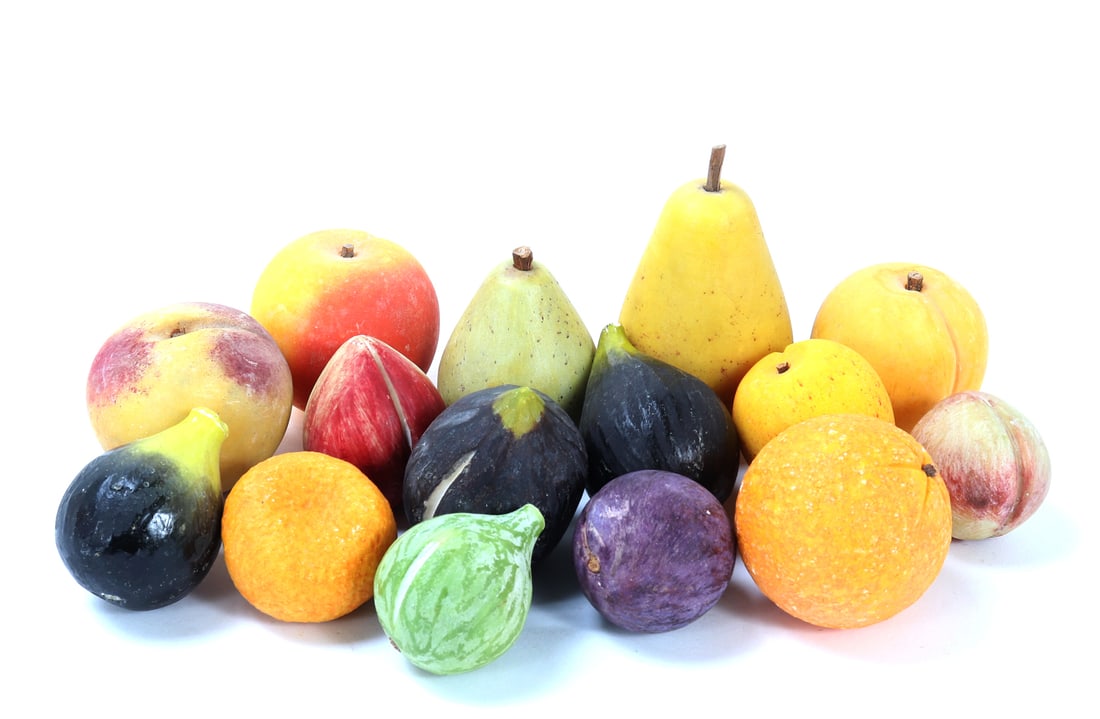 Gorgeous Collection of 1950's Italian Alabaster Fruit: Wonderful collection of 1950's hand carved alabaster fruit that has been expertly painted to represent real fruit. Oranges, figs, pears, peached, and more. Fifteen pieces of fruit in total, easily