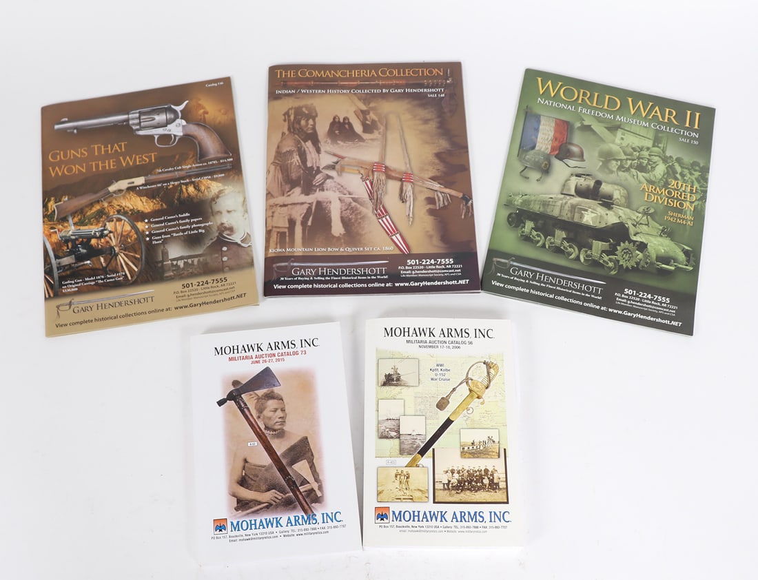 Various Collectors Books and Catalogs: Militaria auction books from Mohawk Arms, Inc & three Gary Hendershott catalogs.