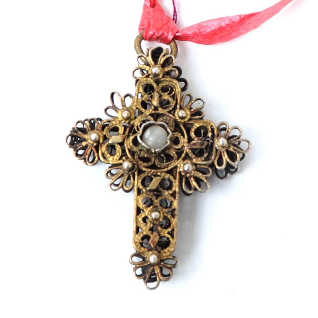 Spanish Filigree Silver & Pearl Cross: Wonderful gilt silver filigree cross with inset pearls and decoration. Probably French circa 1800s. Size Pendent 1 1/2" L, 2 7/8" with ribbonEx-Arizona Collection