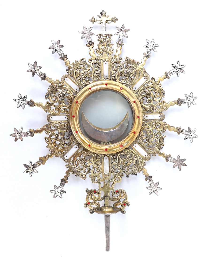 Processional Monstrance, Spanish Colonial 1600-1700s: Large and impressive processional gilt silver, enamel, and gem set monstrance circa 1600s - 1700s. Spanish Colonial with all silver openwork construction and inset with pinned Carrara marble panels