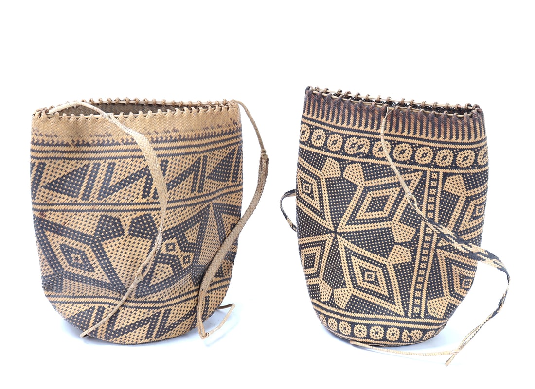 Black and Tan Rattan Braided Bags, Philippines: Beautiful black and tan bags for school or grocery shopping. Each with beautiful unique black geometric shapes throughout. Size of each 13 1/2" H