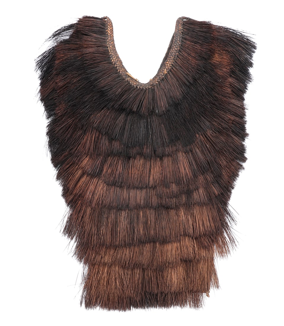 Handsome Filipino Fiber & Rattan Raincoat: Ifugao peoples, Luzon, Northern Philippines. Finely crafted raincoat from the Philippines, comprised of a braided rattan backing, reinforced around the edges with bamboo. Covered in layers of fiber