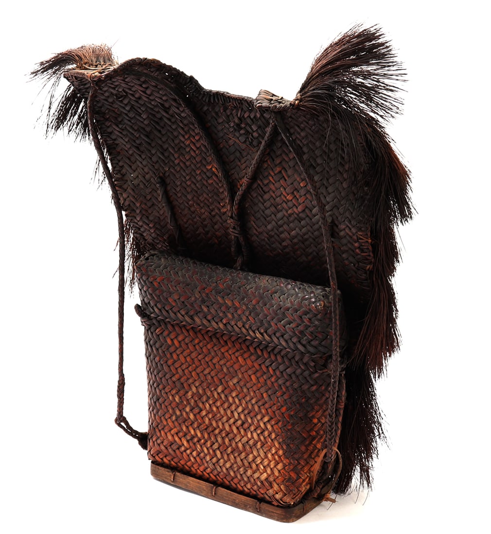 Antique Ifugao Hunters Backpack: Southeast Asia, Philippines, Ifugao, ca. early 20th century CE. Handsome original antique Filipino hunters backpack. Made of split rattan with hardwood reinforcement inside, bamboo reinforcements at
