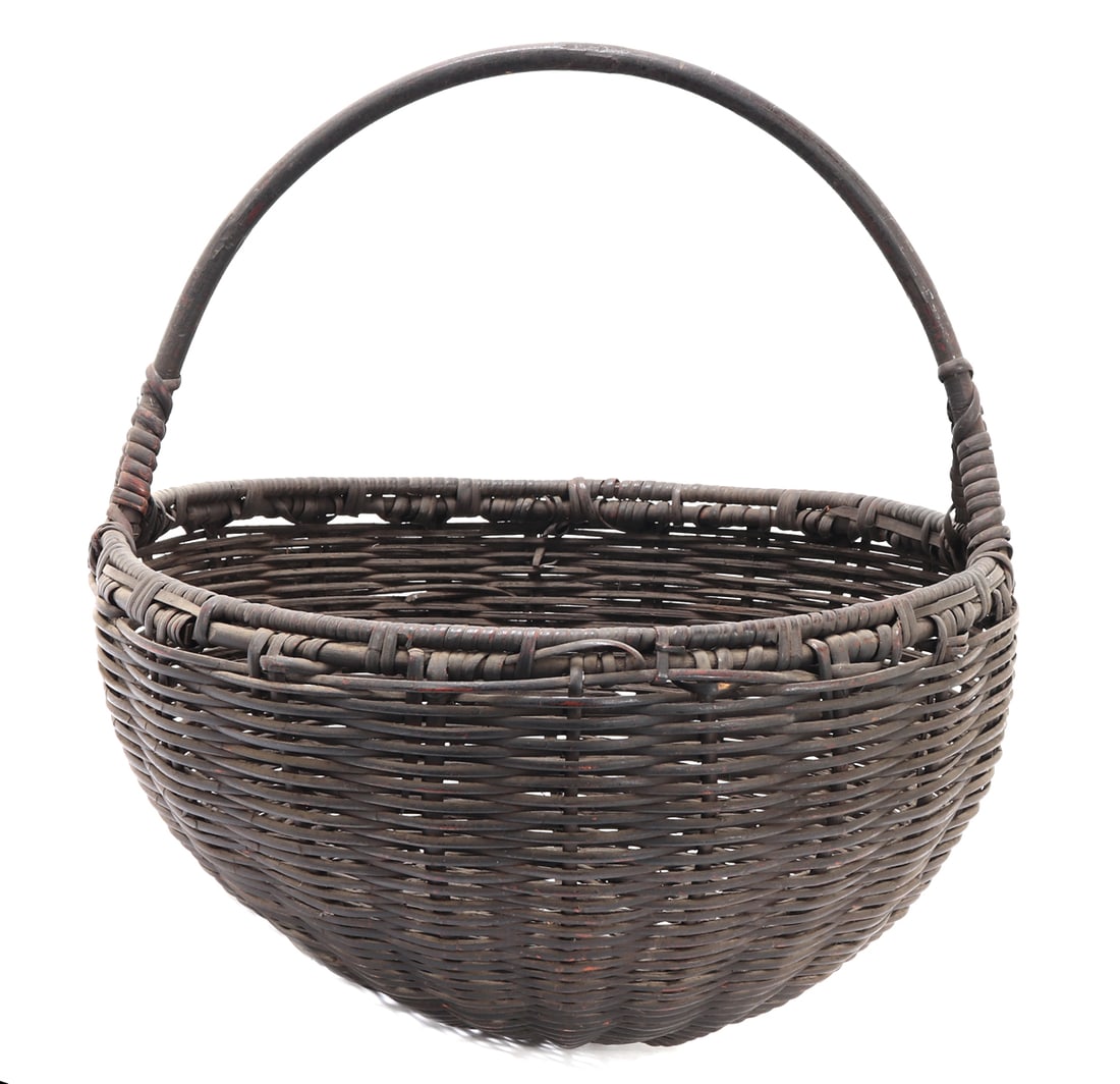 Handmade Rattan Woven Basket, Philippines: Nice handmade rattan and bamboo reinforced basket from the Philippines. Arched bamboo handle with large bulbous belly for carrying lots of fruits or vegetables. Size 17 1/2" W