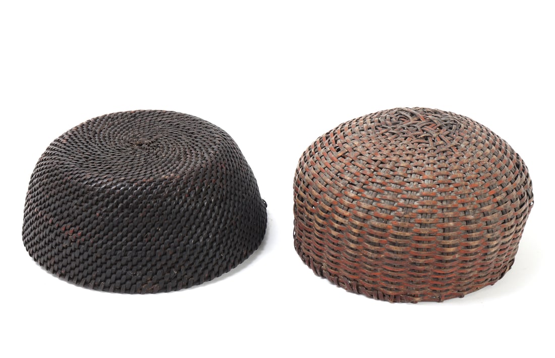 Nice Pair of Filipino Handmade Hats: Well made pair of rattan braided hats from the Philippines, one in a dark ratten and the other in a milk chocolate brown. Size 7 1/4" W