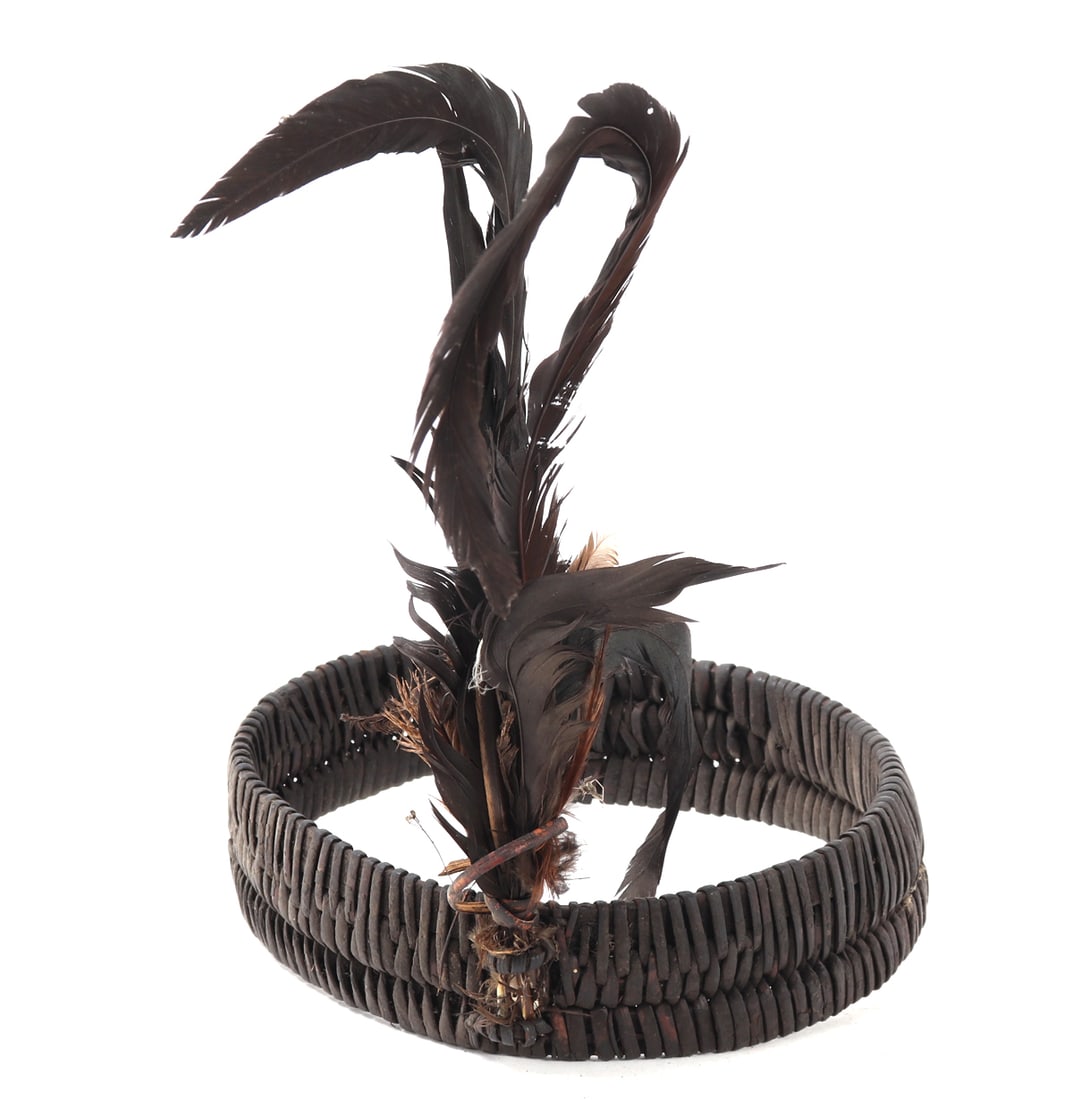Antique Ifugao Shamans Ritual Headdress: Fine handcrafted Filipino rattan shamans ritual headdress or crown. Adorned with feathers (usually on both sides) these crowns or hats were used in ceremonies across the Philippines. Reinforced with
