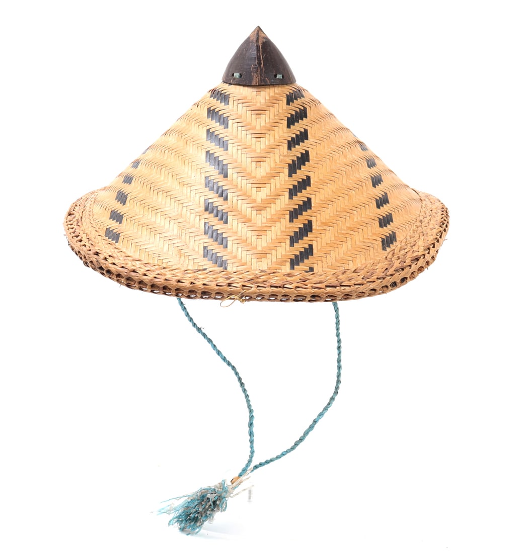 Handsome Filipino Coco Sunhat: Well made rattan, bamboo and coconut Salakot from the Philippines. Pointed coconut shell to the top with finely braided and coil work throughout the entire piece. Light blue/turquoise braided band for