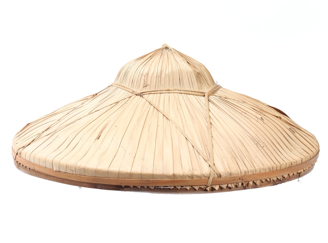 Handsome Filipino Salakot, Bamboo Leaf: Nicely crafted handmade sunhat made in the Philippines, comprised of bamboo leaves, rattan and bamboo. Star shape to the with a pointed army style hat. Size Brim 17 1/2" W, ID 6" W, 6" H