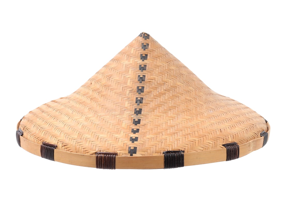 Handsome Handmade Filipino Salakot: Beautiful hand braided and woven Filipino sun hat with a tall point and wide brim. Black/brown stained rattan interwoven as decoration. Size brim 13 3/4" W, ID 8" W, 6 1/4" H