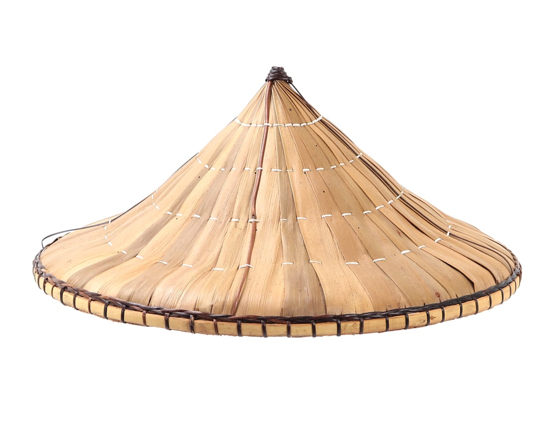 Conical Filipino Salakot, Field Sun Hat: Wonderfully hand crafted rattan hat from the Philippines in a tall conical form, reinforced around the rim with bamboo. Used as a form of sun protection for farmers or when in transit by foot. Size br