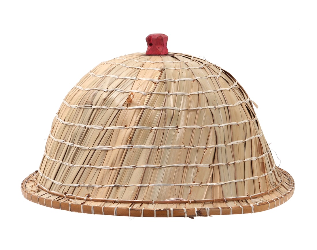 Filipino Hand Woven Sulu Style Sun Hat Helmet: Nice handcrafted Filipino hat in the shape and style of a Sulu sun hat helmet, with a red finial on the top. Size brim 13" W, ID 7" W, 7 1/2" H