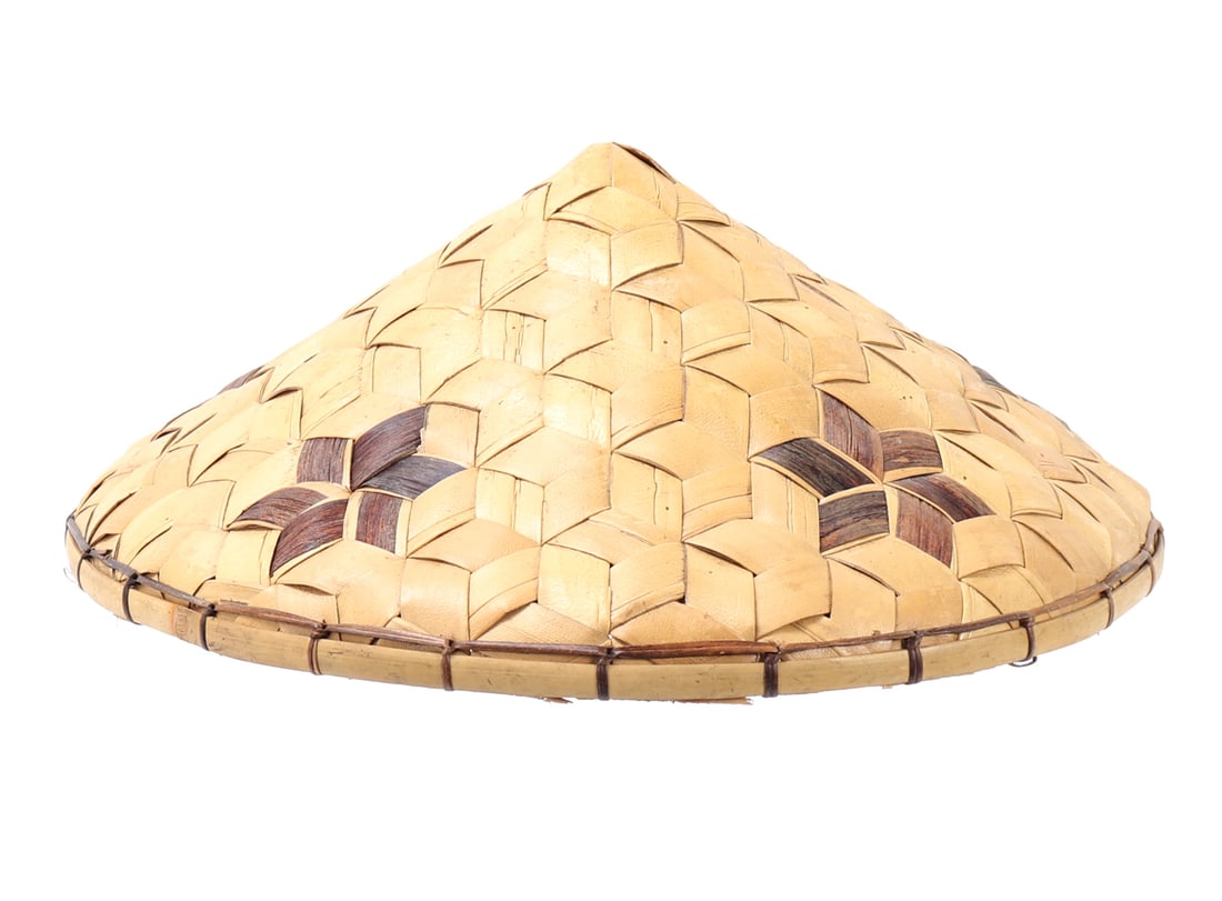 Beautiful Hand Woven Filipino Rattan Hat: Wonderful handmade Filipino Salakot hat, beautiful conical shape with stained rattan stars woven in as wonderful accents. Bamboo reinforced around the edge. Size brim 13 1/2" W, ID 7 3/8" W, 5 1/2" H