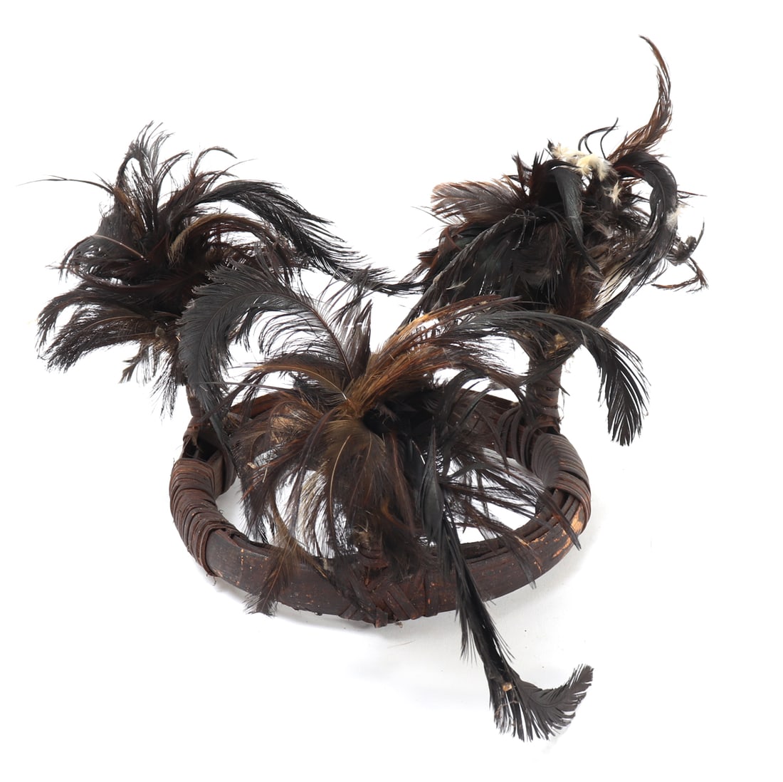 Filipino Bamboo, Rattan and Feather Headdress: Very nice hand crafted bamboo, rattan and feather headdress. Wonderful aged patina throughout. Size 6 3/4" D x 3/4" H, 6" H with feathers