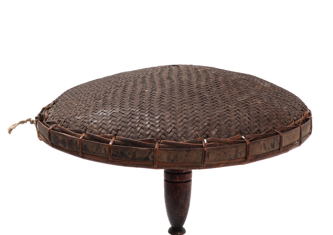 Filipino Salakot, Rattan and Bamboo: Dark brown braided rattan and bamboo hand made salakot from the Philippines with a padded interior brim also braided out of rattan. Size 13 7/8" L