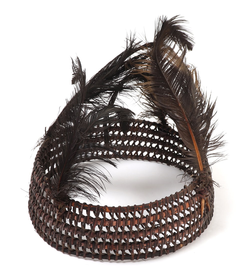 Philippines Ifugao Kango Headdress: Hand made Filipino, Ifugao Kango headdress comprised of a circular, woven band, bamboo and rattan with added feathers. Size 6 1/4" L x 6 1/8" W