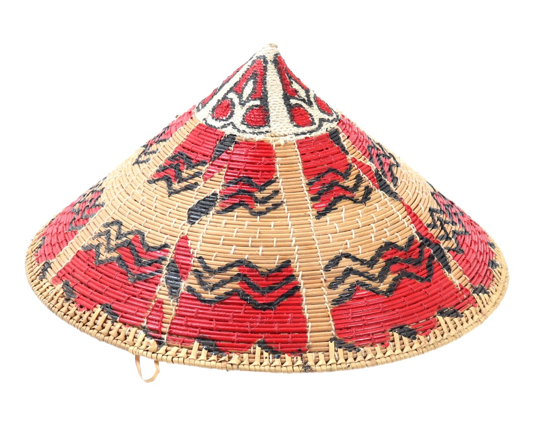 Traditional Conical Cooling Hat: Handsomely decorated and detailed conical shaped sun hat. Beautifull decorated throughout with red, black and white pigment throughout. Size 7 3/8" W