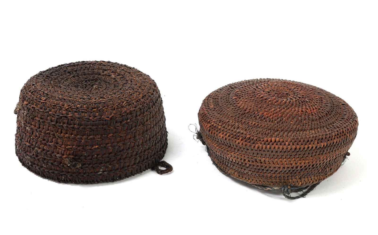 Fine Pair of Basketwork Salakot Hats, Philippines: Well made pair of hats from the Philippines in very intricate basket weave throughout, tightly woven to avoid rain, each with straps to wear. Size of each approximately 6 1/8" W
