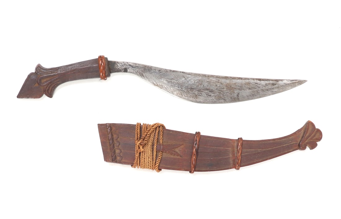 Talibon Dagger & Scabbard, WWII Commemorative: Philippines Archipelagos, Talibon dagger with scabbard, WWII commemorative. Scabbard in carved wood with rattan wrapped bands and twine. Blade with bulbous belly single edge. Handle with single woven