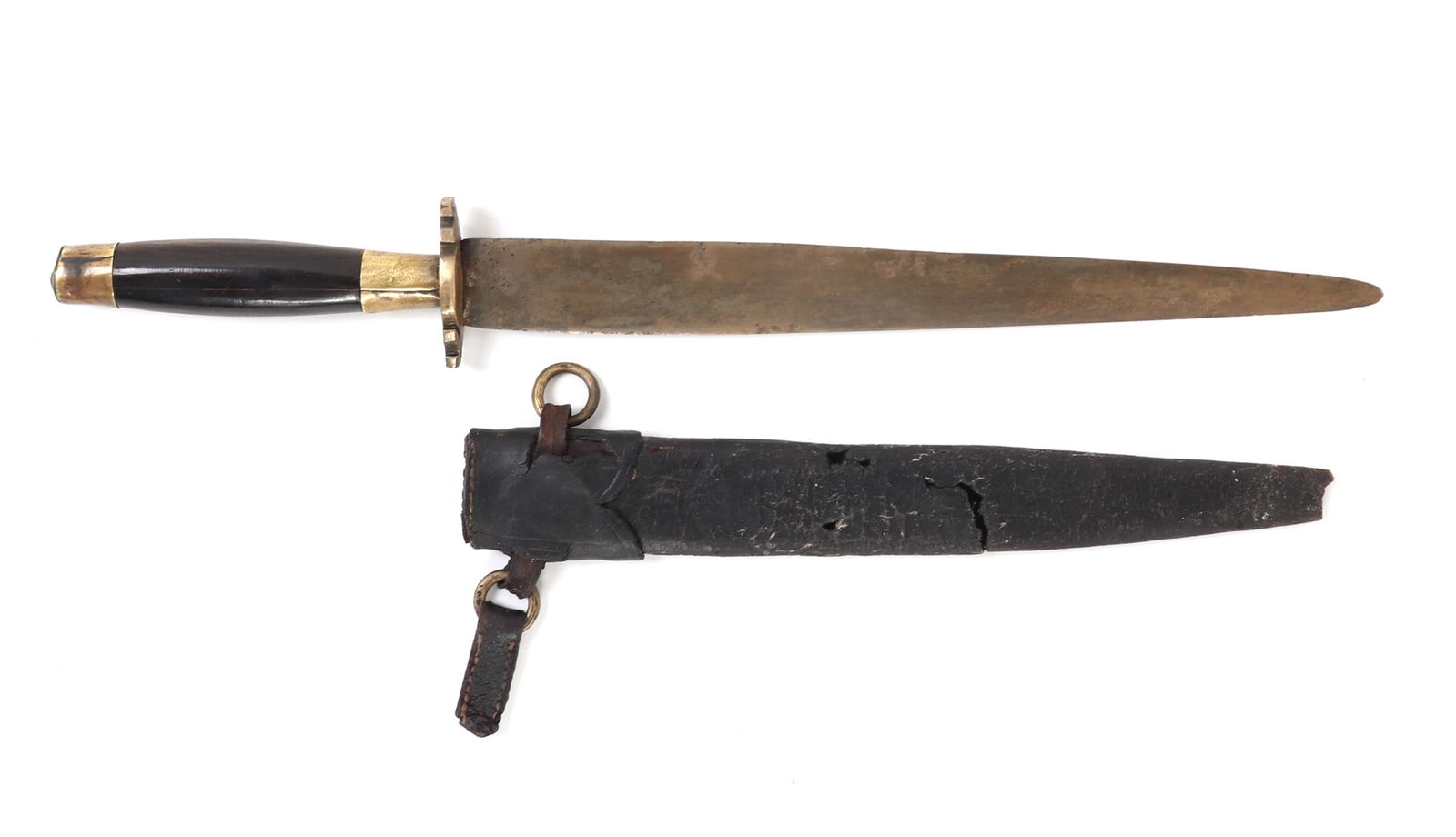Philippines Luzon Dagger w/ Sheath: Spanish Colonial Era Philippines dagger with original leather scabbard and belt loop rings. Double edge straight blade. Gilt brass guard with light engraving to the sides. Brass sleeve to the base of