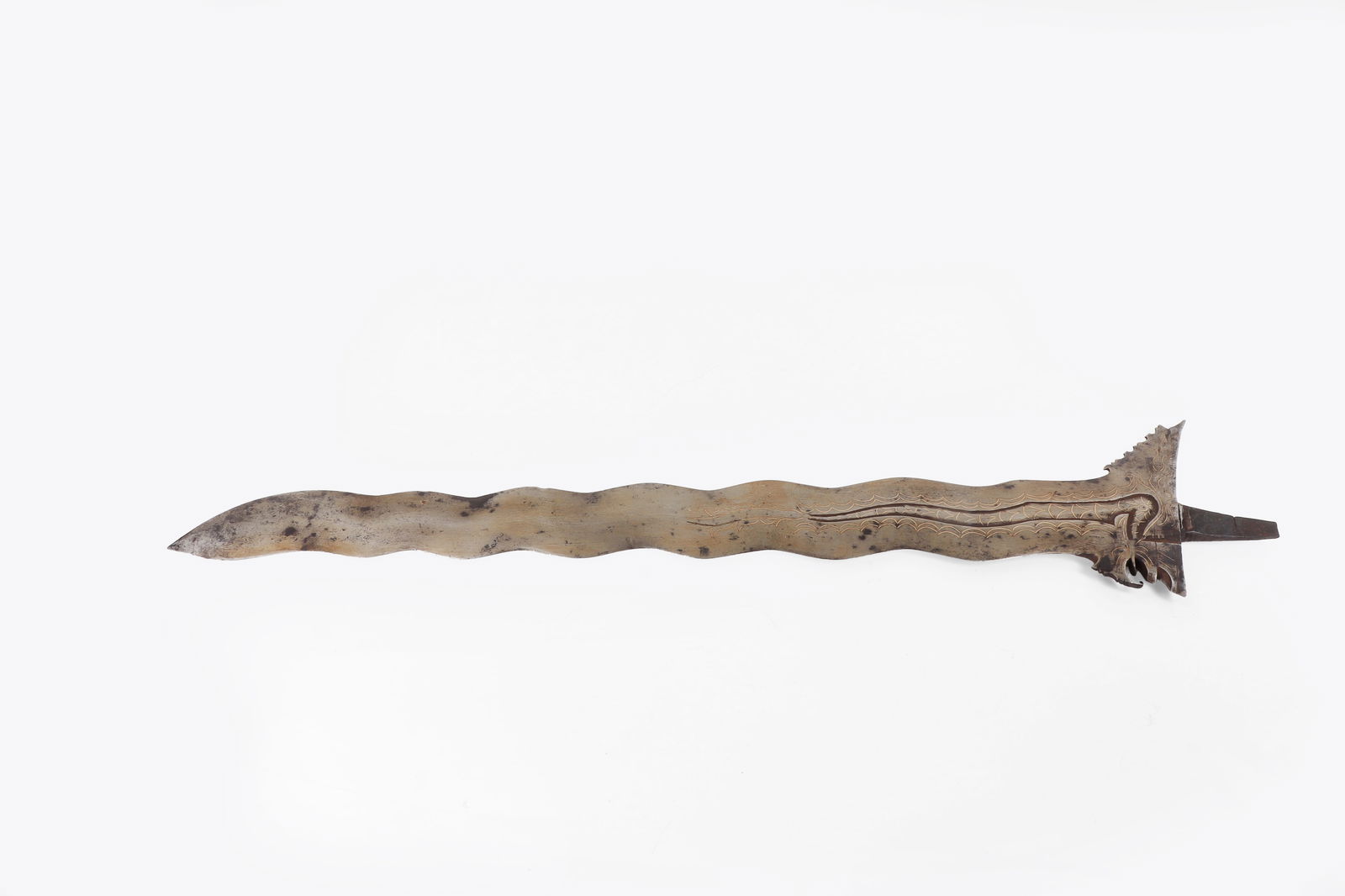 Massive Inlaid Moro 13-Wave Kris Blade: Massive Moro Kris Blade, early 20th century. Fine example of a 13-wave laminated steel etched blade inlaid in brass or silver wire. Naga style chiseled ricasso carving. Overall length 25 3/4"